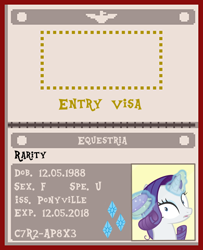 Size: 730x900 | Tagged: safe, artist:phucknuckl, artist:ponygamer2020, derpibooru import, rarity, pony, unicorn, the point of no return, and then there's rarity, arstotzka, brush, cutie mark, female, glory to arstotzka, levitation, magic, mare, papers please, passport, photo, solo, telekinesis, vector