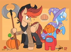 Size: 4096x2987 | Tagged: safe, artist:kaylerustone, derpibooru import, trixie, oc, oc:kayle rustone, pegasus, pony, unicorn, among us, axe, bandana, candy, cape, clothes, cowboy hat, female, food, halloween, hat, holiday, lollipop, magic, male, mare, pants, question mark, shirt, stallion, telekinesis, trick or treat, trixie's cape, trixie's hat, weapon