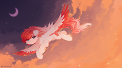 Size: 2809x1580 | Tagged: safe, artist:floweryoutoday, derpibooru import, oc, oc only, oc:making amends, pegasus, pony, commission, flying, moon, sky, solo, stars, ych result