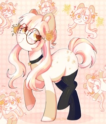 Size: 1755x2048 | Tagged: safe, artist:damon_ekel, derpibooru import, oc, oc only, earth pony, pony, clothes, female, glasses, looking back, mare, smiling, socks, solo, thigh highs