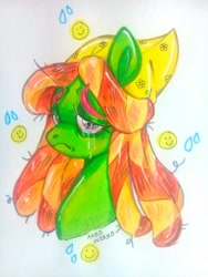 Size: 2448x3264 | Tagged: safe, artist:damon_ekel, derpibooru import, tree hugger, earth pony, pony, bandana, crying, female, frown, lidded eyes, looking at you, mare, sad, simple background, solo, traditional art, white background
