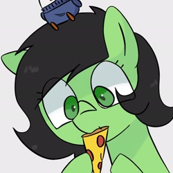 Size: 2048x2048 | Tagged: safe, artist:omelettepony, ponerpics import, oc, oc:anon filly, pony, eating, female, filly, foal, food, pizza, simple background