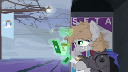 Size: 4000x2250 | Tagged: safe, artist:aaronmk, derpibooru import, oc, oc:littlepip, fallout equestria, alternate universe of an alternate universe, backpack, cable car, cellphone, clothes, cloudsdale flag, coffee, cup, eating, fog, food, freckles, hoagie, levitation, magic, magic glow, morning, phone, sandwich, scarf, streetlight, telekinesis, tired, tree, vape pen, vector