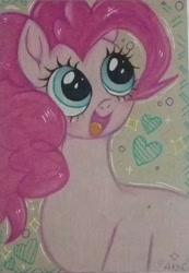 Size: 540x782 | Tagged: safe, artist:damon_ekel, derpibooru import, pinkie pie, earth pony, pony, female, heart, mare, open mouth, open smile, smiling, solo, sparkles, traditional art