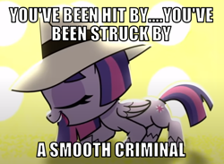 Size: 614x450 | Tagged: safe, derpibooru import, edit, edited screencap, editor:twi clown, screencap, twilight sparkle, twilight sparkle (alicorn), alicorn, pony, my little pony: pony life, sportacular spectacular musical musak-ular, caption, eyes closed, female, hat, image macro, mare, michael jackson, open mouth, smooth criminal, solo, song reference, text, we shine brighter together