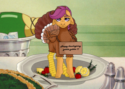 Size: 3508x2480 | Tagged: safe, artist:elberas, derpibooru import, scootaloo, pegasus, pony, cute, cutealoo, holiday, plate, platter, scootachicken, scootaloo is not amused, scootaturkey, sign, solo, table, thanksgiving, turkey costume, unamused