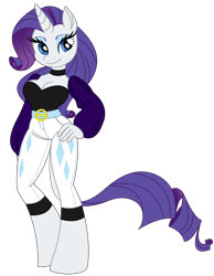 Size: 2048x2644 | Tagged: safe, artist:fotia_kouneli, derpibooru import, rarity, anthro, unguligrade anthro, unicorn, belt, belt buckle, breasts, choker, cleavage, clothes, female, hand on hip, pants, simple background, solo, transparent background