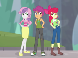 Size: 1920x1440 | Tagged: safe, artist:neongothic, derpibooru import, apple bloom, scootaloo, sweetie belle, equestria girls, clothes, converse, cutie mark crusaders, female, jeans, older, older apple bloom, older cmc, older scootaloo, older sweetie belle, pants, ripped jeans, ripped pants, shoes, skirt, sleeveless, smiling, sneakers, tanktop, torn clothes