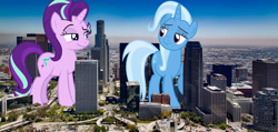 Size: 2200x1050 | Tagged: safe, artist:andoanimalia, artist:reginault, derpibooru import, starlight glimmer, trixie, pony, unicorn, california, female, giant pony, giantess, highrise ponies, irl, los angeles, macro, mare, photo, ponies in real life, story included