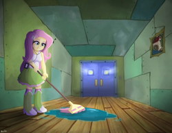 Size: 2000x1550 | Tagged: safe, artist:biocrine, derpibooru import, fluttershy, equestria girls, clothes, female, fluttermop, headphones, meme, mop, music player, parody, puddle, scene parody, skirt, spongebob squarepants