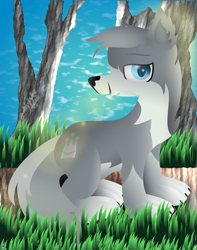 Size: 1463x1854 | Tagged: safe, artist:lincolnbrewsterfan, derpibooru exclusive, derpibooru import, oc, oc only, oc:flow, earth pony, hybrid, pony, wolf, wolf pony, .svg available, bark, chest fluff, claws, colored eyebrows, colored pupils, crown, cute, cutie mark, ear fluff, ears, eyebrows, forest, forest background, fur, gift art, grass, grass field, jewelry, lens flare, lineless, looking at you, male, nc-tv signature, neck fluff, pale belly, paws, regalia, signature, sitting, smiling, smiling at you, solo, sunlight, sunshine, svg, tail, tail fluff, tree, two toned coat, vector