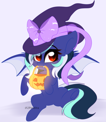 Size: 3108x3580 | Tagged: safe, alternate version, artist:2pandita, derpibooru import, oc, oc:ivory mint, bat pony, pony, alternate character, bat pony oc, chibi, female, hat, mare, pumpkin bucket, solo, witch hat