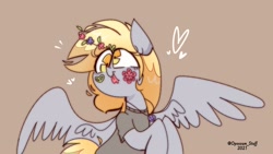 Size: 1920x1080 | Tagged: safe, artist:opossum-stuff, derpibooru import, derpy hooves, pegasus, pony, :p, clothes, female, floral head wreath, flower, heart, jewelry, mare, necklace, shirt, smiley face, solo, spread wings, t-shirt, tongue, tongue out, wings