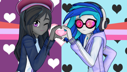 Size: 1920x1080 | Tagged: safe, artist:ratachu666, derpibooru import, dj pon-3, octavia melody, vinyl scratch, equestria girls, 3d, clothes, duo, hat, headphones, heart hands, hoodie, koikatsu, looking at you, one eye closed, smiling, smiling at you, sunglasses, wink, winking at you