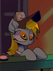 Size: 1228x1638 | Tagged: safe, artist:charchaposting, derpibooru import, derpy hooves, pegasus, pony, cap, clothes, delivery pony, female, hat, mare, shirt, smiling, solo