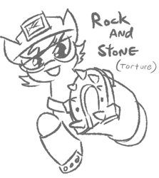 Size: 377x422 | Tagged: safe, artist:jargon scott, derpibooru import, oc, oc only, earth pony, pony, deep rock galactic, goggles, grayscale, helmet, horseshoes, miner, mining helmet, monochrome, safety goggles, simple background, smiling, solo, spikes, underhoof, white background