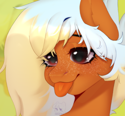 Size: 1737x1611 | Tagged: safe, artist:azaani, derpibooru import, oc, oc only, pegasus, pony, bust, female, freckles, mare, portrait, red eyes, simple background, smiling, solo, tongue, tongue out