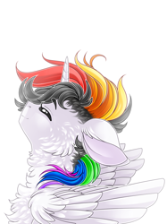 Size: 1482x1984 | Tagged: safe, artist:schokocream, derpibooru import, oc, oc only, oc:lightning bliss, alicorn, pony, alicorn oc, bust, chest fluff, eyes closed, female, horn, mare, simple background, smiling, solo, white background, wings