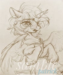 Size: 1723x2048 | Tagged: safe, artist:paipaishuaige, derpibooru import, oc, oc only, alicorn, pony, chest fluff, glasses, solo, spread wings, traditional art, unshorn fetlocks, wings