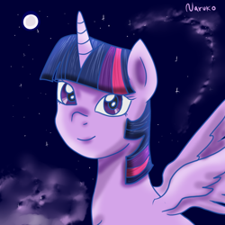 Size: 1000x1000 | Tagged: safe, artist:wrath-marionphauna, derpibooru import, twilight sparkle, twilight sparkle (alicorn), alicorn, digital art, moon, night, smiling, solo