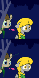 Size: 650x1302 | Tagged: safe, artist:toadstool-prancer, derpibooru import, derpy hooves, doctor whooves, oc, oc:tantamount, earth pony, pegasus, pony, braid, clothes, disguise, disguised changeling, dress, female, flower, male, straight, tantamount time turner