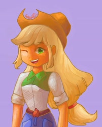 Size: 3220x3997 | Tagged: safe, derpibooru import, applejack, equestria girls, looking at you, one eye closed, open mouth, open smile, smiling, wink, winking at you