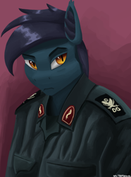 Size: 1000x1346 | Tagged: safe, artist:trotski432, derpibooru import, oc, anthro, bat pony, bust, clothes, ear fluff, ears, emblem, iran, male, pocket, portrait, qasem soleimani, raised eyebrow, simple background, stallion, uniform