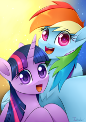 Size: 2480x3507 | Tagged: safe, artist:twidasher, derpibooru import, rainbow dash, twilight sparkle, twilight sparkle (alicorn), alicorn, pegasus, pony, blushing, chest fluff, cute, dashabetes, duo, eye clipping through hair, eyebrows, eyebrows visible through hair, feather, female, heart eyes, high res, lesbian, looking at you, mare, open mouth, open smile, selfie, shipping, signature, smiling, smiling at you, twiabetes, twidash, wingding eyes