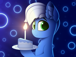 Size: 4000x3000 | Tagged: safe, artist:alexbefest, derpibooru import, oc, oc:bluejam, earth pony, pony, blue, blue background, cake, candle, commission, cute, ear fluff, ears, food, green eyes, happy birthday, looking at you, neon, simple background, solo, white mane