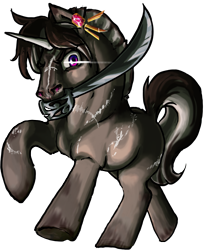Size: 1771x2156 | Tagged: safe, artist:saby, derpibooru exclusive, derpibooru import, oc, oc only, oc:plankwalker, oc:sevendre, pony, unicorn, bust, canter, charging, coat markings, colored horn, dun, ear piercing, earring, facial markings, flared nostrils, galloping, glare, horn, jewelry, looking at you, male, mouth hold, piercing, roached mane, running, saber, scar, scarred, simple background, solo, stallion, stripe (coat marking), sword, transparent background, underhoof, weapon