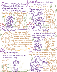 Size: 4779x6013 | Tagged: safe, artist:adorkabletwilightandfriends, derpibooru import, starlight glimmer, oc, oc:gray, pony, unicorn, comic:adorkable twilight and friends, adorkable, adorkable friends, backstory, belt, bush, butt, character development, chocolate, clothes, cold, comic, conversation, cute, dork, drink, employee, female, flirting, food, friendship, grocery store, happy, hitting on, hot chocolate, jeans, male, mare, pants, plot, red nosed, relationship, relationship goals, shirt, sick, sitting, slice of life, smiling, smooth, smooth as butter, stallion, store, tree, work