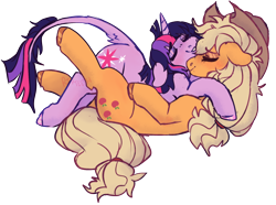 Size: 1354x1008 | Tagged: safe, artist:lullabyprince, derpibooru import, applejack, twilight sparkle, unicorn twilight, earth pony, pony, unicorn, cuddling, female, leonine tail, lesbian, shipping, simple background, tail, transparent background, twijack