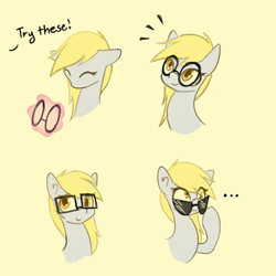 Size: 3000x3000 | Tagged: safe, artist:manicpanda, derpibooru import, derpy hooves, pegasus, pony, ..., bust, dialogue, emanata, eyes closed, glasses, implied twilight sparkle, magic, magic aura, simple background, solo focus, sunglasses, telekinesis, underp, yellow background