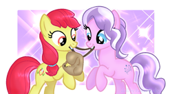 Size: 1071x589 | Tagged: safe, artist:pastel-pocky, derpibooru import, apple bloom, diamond tiara, earth pony, pony, alternate cutie mark, bag, bipedal, duo, duo female, female, helping, mare, mouth hold, older, saddle bag