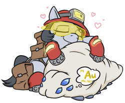 Size: 605x502 | Tagged: safe, artist:jargon scott, derpibooru import, oc, oc only, insect, bag, boots, deep rock galactic, eyes closed, female, floating heart, goggles, heart, helmet, hug, loot bug, mare, miner, mining helmet, saddle bag, shoes, simple background, smiling, white background