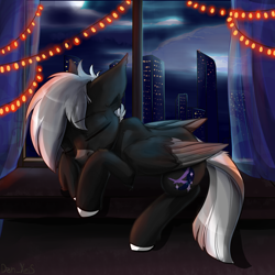 Size: 1594x1594 | Tagged: safe, artist:yuris, derpibooru import, oc, oc only, oc:midnight serenity, pegasus, pony, city, cityscape, commission, curtains, eyes closed, garland, male, night, skyscrapers, sleeping, solo, storm, string lights, town, window, windowsill, ych result