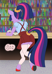 Size: 840x1200 | Tagged: safe, alternate version, artist:sepiakeys, derpibooru import, twilight sparkle, unicorn twilight, anthro, unguligrade anthro, unicorn, alternate hairstyle, book, clothes, female, mare, rear view, skirt, solo, stockings, thigh highs
