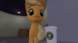 Size: 1024x575 | Tagged: safe, artist:undeadponysoldier, applejack, earth pony, pony, 3d, box, coffee, coffee cup, crate, female, gmod, mare, parody, pun, solo, starbucks