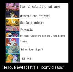 Size: 775x770 | Tagged: safe, derpibooru import, edit, edited screencap, screencap, applejack (g1), glory, horse, pegasus, pony, unicorn, g1, '90s, 80s, boomer, cartoons, classic, dungeons and dragons, fantasia, ico the brave little horse, meme, misspelling, my little pony, newfag, op is a cuck, pen and paper rpg, rpg, sailor moon, the last unicorn, unico, vulgar, zoomer