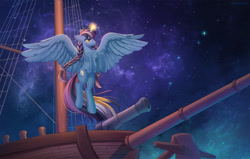 Size: 1280x812 | Tagged: safe, alternate version, artist:margony, derpibooru import, oc, oc only, alicorn, pony, alicorn oc, boat, braid, cannon, digital art, female, flying, glowing, glowing horn, horn, mare, night, sky, solo, space, spread wings, stars, tail, wings