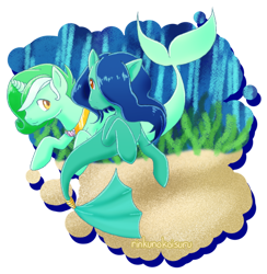 Size: 1024x1051 | Tagged: safe, artist:rinkunokoisuru, derpibooru import, oc, oc only, earth pony, merpony, seapony (g4), unicorn, blue mane, female, fish tail, flowing mane, flowing tail, golden eyes, green mane, horn, jewelry, looking at each other, necklace, ocean, red eyes, seaponified, seaweed, signature, simple background, smiling, species swap, swimming, tail, transparent background, underwater, water