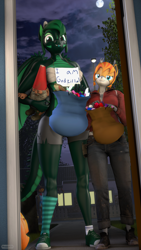 Size: 2160x3840 | Tagged: safe, artist:donglysfm, derpibooru import, oc, oc:emerald dusk, oc:fireberry, anthro, deer, dracony, dragon, hybrid, plantigrade anthro, art pack:trick or treat 2021, 3d, :p, antlers, clothes, costume, deer oc, dracony oc, forked tongue, halloween, halloween 2021, halloween costume, high res, holiday, horns, jack-o-lantern, lawn gnome, left 4 dead, mismatched socks, moon, night, pumpkin, revamped anthros, shoes, size difference, socks, source filmmaker, tongue, tongue out, trick or treat, zoey