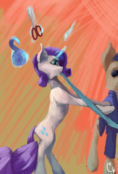 Size: 4160x6144 | Tagged: safe, artist:thelordgemm, derpibooru import, rarity, pony, unicorn, bipedal, bipedal leaning, female, glowing, glowing horn, horn, leaning, magic, mannequin, mouth hold, scissors, solo, telekinesis