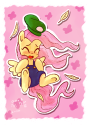 Size: 600x841 | Tagged: safe, artist:fipoki, derpibooru import, fluttershy, pegasus, pony, abstract background, clothes, cosplay, costume, crossover, cute, eyes closed, feather, female, hat, luigi, mare, open mouth, outline, overalls, shyabetes, solo, spread wings, super mario bros., white outline, wings