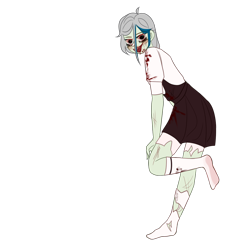 Size: 1024x1024 | Tagged: safe, artist:idkhesoff, derpibooru exclusive, derpibooru import, oc, oc only, oc:elizabat stormfeather, human, undead, zombie, alternate hairstyle, blood, blushing, clothes, costume, female, halloween, halloween costume, holiday, humanized, humanized oc, lipstick, overalls, ripped stockings, shirt, simple background, skirt, socks, solo, stocking feet, stockings, t-shirt, thigh highs, torn clothes, torn socks, transparent background, wings