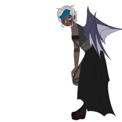 Size: 1024x1024 | Tagged: safe, artist:idkhesoff, derpibooru exclusive, derpibooru import, oc, oc only, oc:elizabat stormfeather, human, alternate hairstyle, blushing, boots, clothes, costume, dark skin, dress, female, grin, halloween, halloween costume, holiday, humanized, humanized oc, lipstick, midriff, one eye closed, shoes, simple background, smiling, solo, transparent background, winged humanization, wings, wink