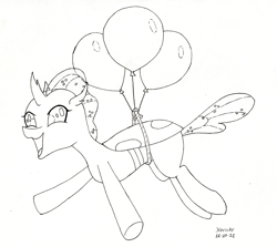 Size: 1428x1274 | Tagged: safe, artist:hericks, derpibooru import, ocellus, changeling, balloon, cute, excited, female, flying, happy, lineart, monochrome, simple background, smiling, traditional art, white background