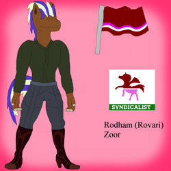 Size: 2900x2900 | Tagged: safe, derpibooru import, anthro, hybrid, plantigrade anthro, pony, boots, clothes, community related, design, flag, hair, heeled boots, hidden eyes, male, pants, pink, political cartoon, rodham, rovari, shoes, solo, vest, zoor