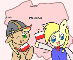 Size: 1023x845 | Tagged: safe, alternate version, artist:foxy1219, oc, oc:polanna, oc:poppy seed (mec), duo, female, mascot, middle equestrian convention, my little konwent, national independence day (poland), poland, polish, polish flag, polish national independence day