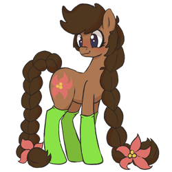 Size: 1360x1360 | Tagged: safe, artist:anonymous, ponerpics import, earth pony, pony, blushing, braid, braided tail, clothes, cute, cutie mark, drawthread, female, flower, flower in hair, long mane, long tail, mare, ponified, simple background, smiling, socks, solo, sort the court, transparent background